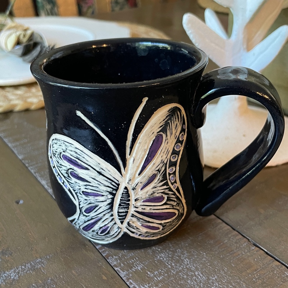 Handmade Studio Art Pottery Butterfly Coffee Mug Signed Vintage